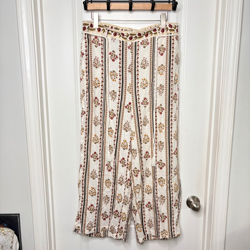 Joie Floral Wide Leg Linen Blend Pants Cream Red Embroidered Large Boho Tassel